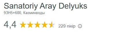 Общая оценка сервиса санатория Арай Делюкс Сарыагаш по Google картам