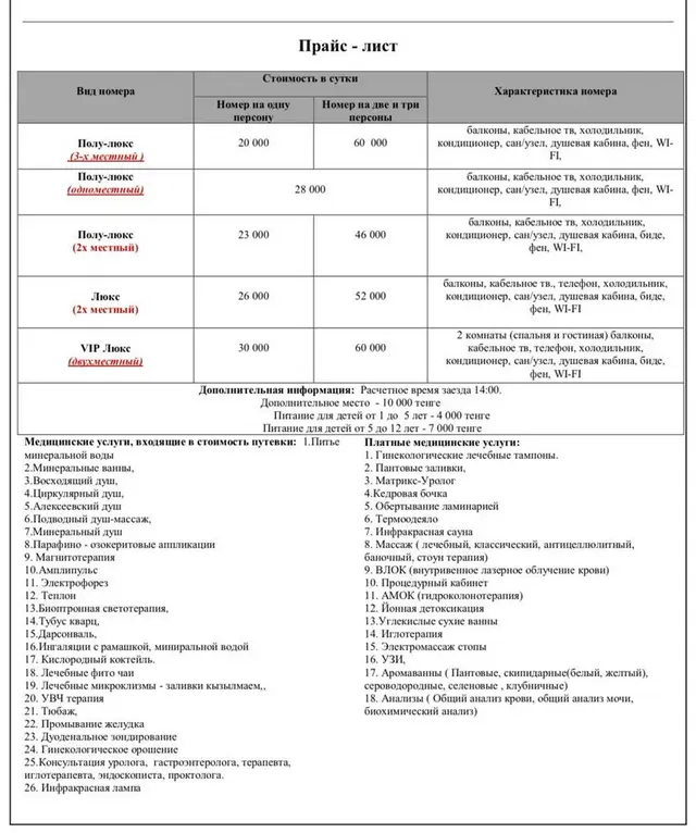 Шипа Су санаторий. Прайс лист Шипа Су санаторий. Прайс лист